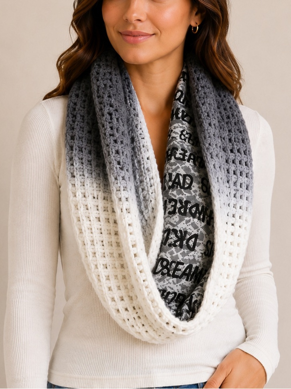 BCBGeneration Knit Infinity Scarf Floral Lace Quote Cozy Winter Grey OS